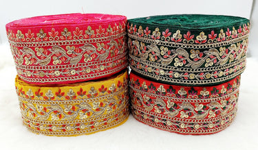 Art Silk Fabric Sari Border Trim with Floral Embroidery and Gold Sequins, Decorative Trim, Indian Sari Border
